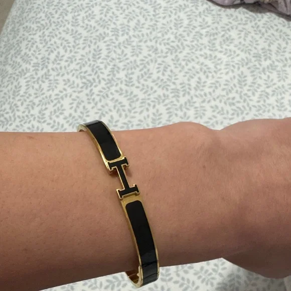 Gold Tone Bracelet with Black Enamel H Logo - Picture 3 of 3